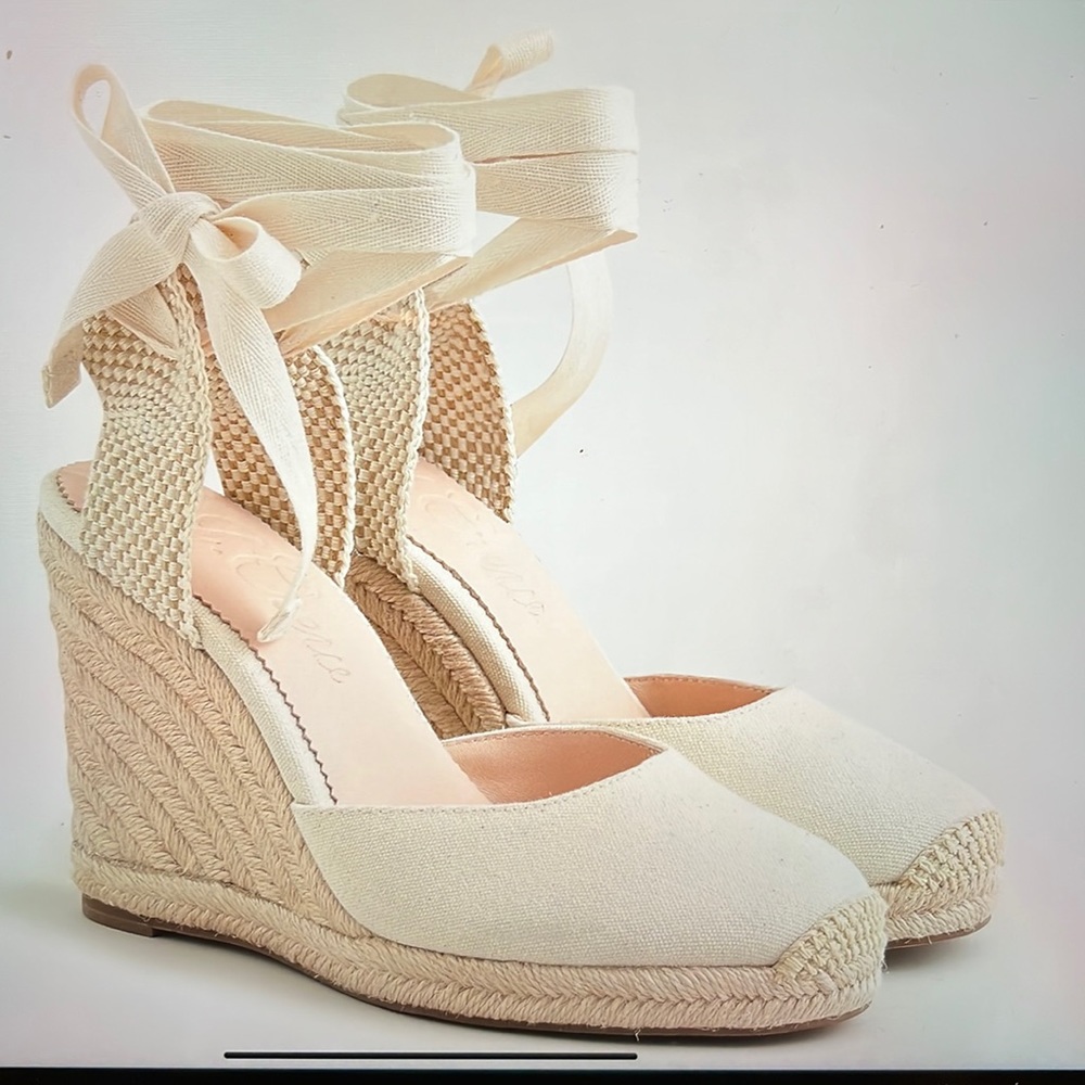 J Crew Canvas Closed Toe Lace Up Wedge Sandals Sz 10.5 Natural Cream